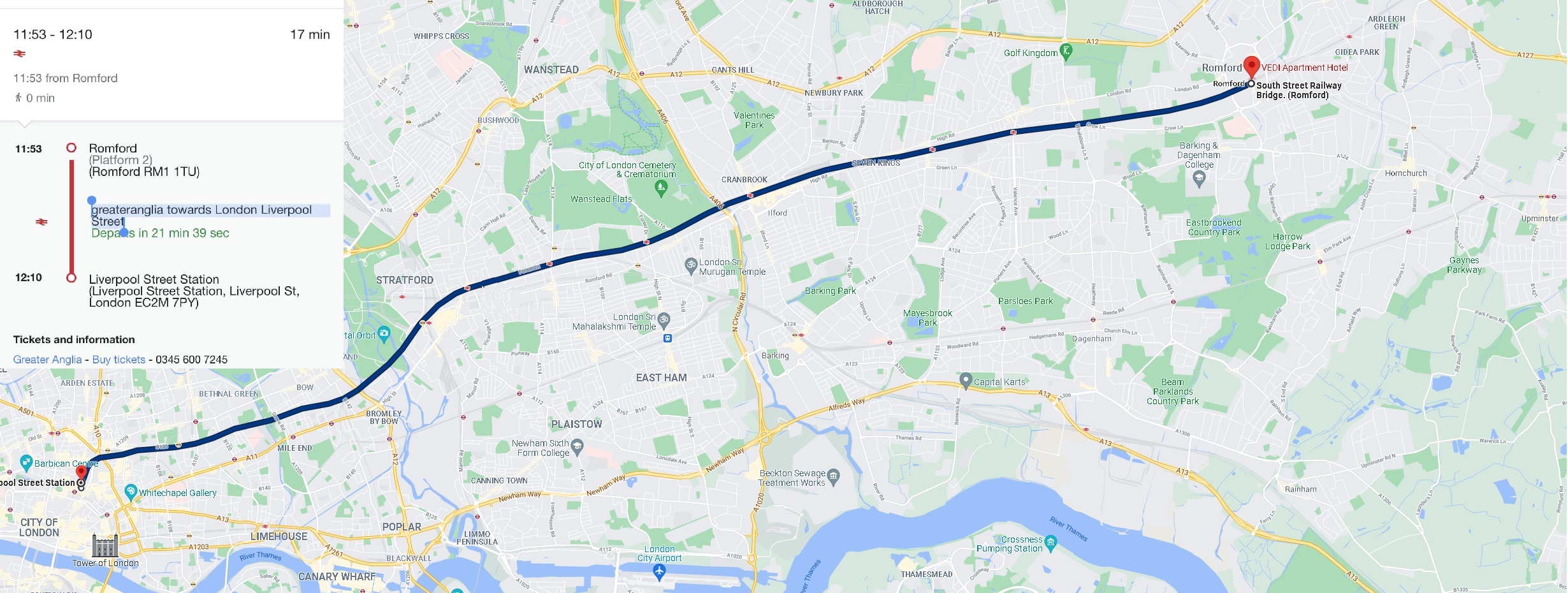 Hotel VEDI Aparthotel. Map route from Romford train station to Liverpool street